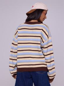 MUSERA Oversized Button Through Drop Shoulder Knitted Stripe Jumpe Old Money Cute Casual Lounge Cardigan Butterscotch Work Office Chic Sweater - Multicolor - View 4