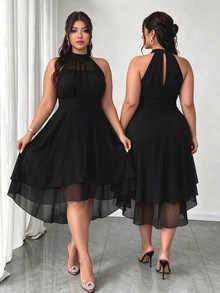 Elenzga Gaun Ukuran Besar Tanpa Lengan Leher Bulat dengan Hem Berumbai Ganda dan Hem Asimetris - Hitam - View 1