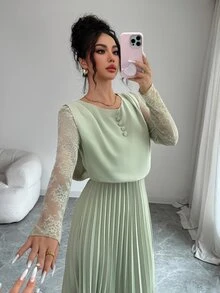 Modelyn Spring&Autumn Elegant Contrast Lace Round Neck Pleated Midi Dress,Sage Green Modest Party Dress For Women, Al-Adha Special Occasion Lady Dresses - Green - View 4