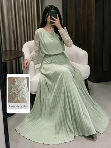 Modelyn Spring&Autumn Elegant Contrast Lace Round Neck Pleated Midi Dress,Sage Green Modest Party Dress For Women, Al-Adha Special Occasion Lady Dresses - Green - View 2