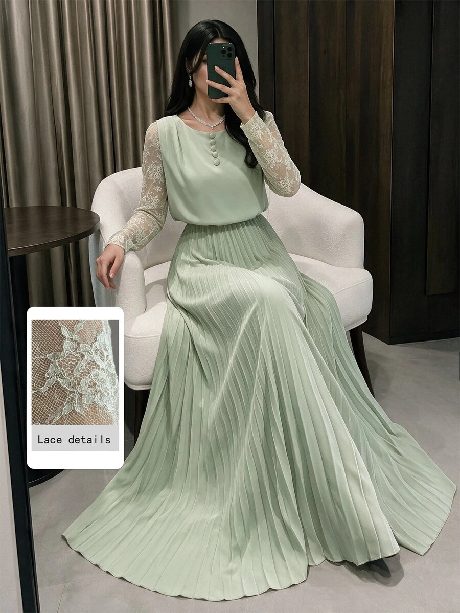 Modelyn Spring&Autumn Elegant Contrast Lace Round Neck Pleated Midi Dress,Sage Green Modest Party Dress For Women, Al-Adha Special Occasion Lady Dresses