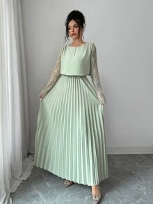 Modelyn Spring&Autumn Elegant Contrast Lace Round Neck Pleated Midi Dress,Sage Green Modest Party Dress For Women, Al-Adha Special Occasion Lady Dresses - Green - View 6