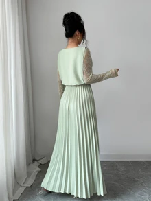 Modelyn Spring&Autumn Elegant Contrast Lace Round Neck Pleated Midi Dress,Sage Green Modest Party Dress For Women, Al-Adha Special Occasion Lady Dresses - Green - View 3