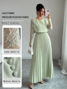 Modelyn Spring&Autumn Elegant Contrast Lace Round Neck Pleated Midi Dress,Sage Green Modest Party Dress For Women, Al-Adha Special Occasion Lady Dresses - Green - View 7