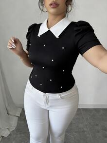 Elenzga Plus Size Vintage French Style Pearl Decor Puff Sleeve Fitted Cropped T-Shirt, Summer - Black - View 3
