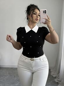 Elenzga Plus Size Vintage French Style Pearl Decor Puff Sleeve Fitted Cropped T-Shirt, Summer - Black - View 8