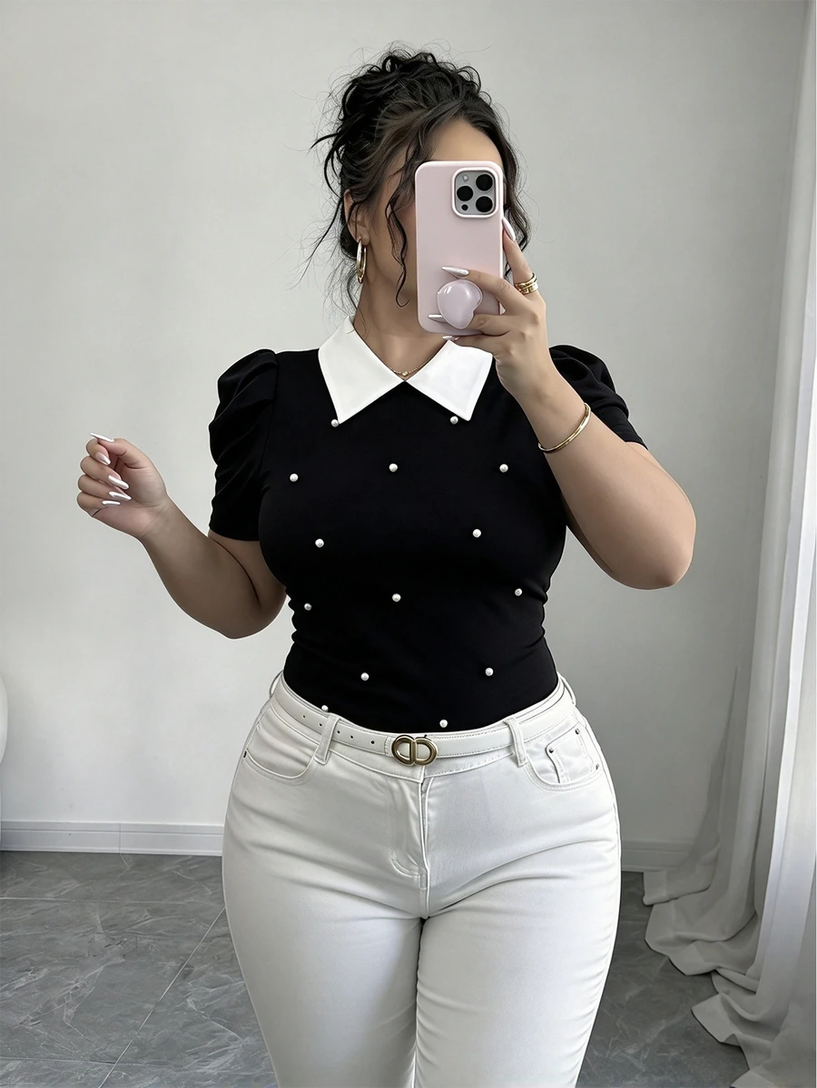 Elenzga Plus Size Vintage French Style Pearl Decor Puff Sleeve Fitted Cropped T-Shirt, Summer - Black - View 1