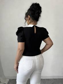 Elenzga Plus Size Vintage French Style Pearl Decor Puff Sleeve Fitted Cropped T-Shirt, Summer - Black - View 2
