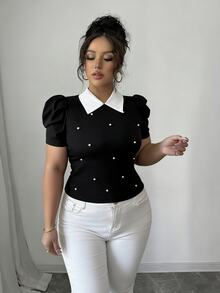 Elenzga Plus Size Vintage French Style Pearl Decor Puff Sleeve Fitted Cropped T-Shirt, Summer - Black - View 7