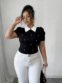 Elenzga Plus Size Vintage French Style Pearl Decor Puff Sleeve Fitted Cropped T-Shirt, Summer - Black - View 5