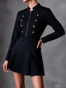 SHEIN Autumn/Winter New Black Gold Stand Collar Half-Zip Double-Row Metal Button Decor Long Sleeve Cinched Waist Pleated Short Dress Preppy Elegant Dinner - Black - View 5