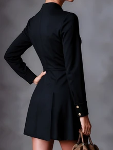 SHEIN Autumn/Winter New Black Gold Stand Collar Half-Zip Double-Row Metal Button Decor Long Sleeve Cinched Waist Pleated Short Dress Preppy Elegant Dinner - Black - View 4