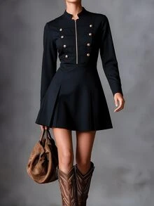 SHEIN Autumn/Winter New Black Gold Stand Collar Half-Zip Double-Row Metal Button Decor Long Sleeve Cinched Waist Pleated Short Dress Preppy Elegant Dinner - Black - View 3