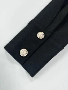 SHEIN Autumn/Winter New Black Gold Stand Collar Half-Zip Double-Row Metal Button Decor Long Sleeve Cinched Waist Pleated Short Dress Preppy Elegant Dinner - Black - View 10