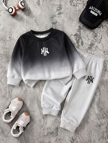 Infant/Toddler (Boy) Sweatshirt Set, Round Neck Sweatshirt With Gradient Bottoms, Gray Cuffed Long Pants, Casual Loose Fit, Comfortable - Black and White - View 6