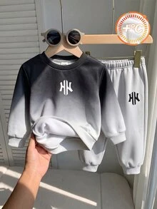 Infant/Toddler (Boy) Sweatshirt Set, Round Neck Sweatshirt With Gradient Bottoms, Gray Cuffed Long Pants, Casual Loose Fit, Comfortable - Black and White - View 2
