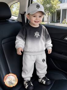 Infant/Toddler (Boy) Sweatshirt Set, Round Neck Sweatshirt With Gradient Bottoms, Gray Cuffed Long Pants, Casual Loose Fit, Comfortable - Black and White - View 1