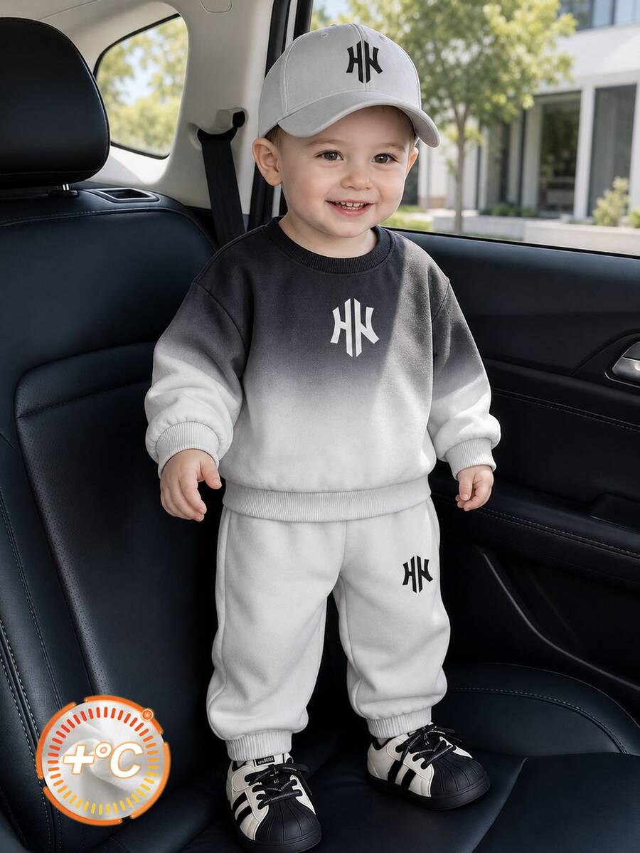 Infant/Toddler (Boy) Sweatshirt Set, Round Neck Sweatshirt With Gradient Bottoms, Gray Cuffed Long Pants, Casual Loose Fit, Comfortable - Black and White - View 1