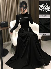 Modelyn Elegant Long Wine Red Beaded Dress For Women, Winter - Black - View 1