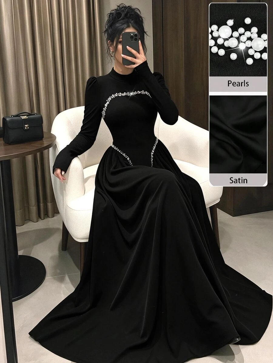 Modelyn Elegant Long Wine Red Beaded Dress For Women, Winter - Black - View 1