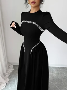 Modelyn Elegant Long Wine Red Beaded Dress For Women, Winter - Black - View 6