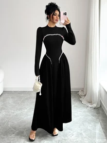 Modelyn Elegant Long Wine Red Beaded Dress For Women, Winter - Black - View 7