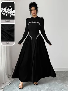 Modelyn Elegant Long Wine Red Beaded Dress For Women, Winter - Black - View 4