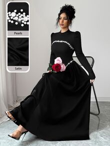 Modelyn Elegant Long Wine Red Beaded Dress For Women, Winter - Black - View 5
