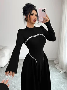 Modelyn Elegant Long Wine Red Beaded Dress For Women, Winter - Black - View 3