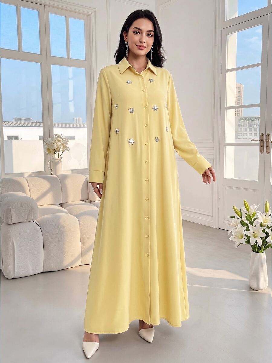 Al Najma 女士水钻装饰领口酒红色复古优雅法式宽松连衣裙 - 黃色 - 查看 1
