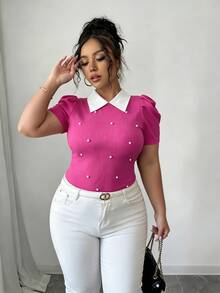 Elenzga Plus Size Vintage French Style Pearl Decor Puff Sleeve Fitted Cropped T-Shirt, Summer - Hot Pink - View 7