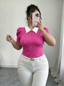 Elenzga Plus Size Vintage French Style Pearl Decor Puff Sleeve Fitted Cropped T-Shirt, Summer - Hot Pink - View 1