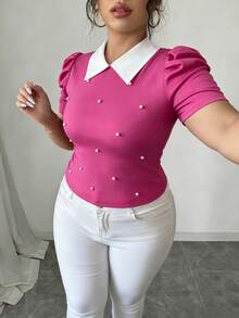 Elenzga Plus Size Vintage French Style Pearl Decor Puff Sleeve Fitted Cropped T-Shirt, Summer - Hot Pink - View 4