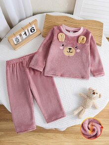 SHEIN Playful Pals 女嬰灰粉色珊瑚絨長褲長袖休閒可愛2件式居家服，可愛水豚表情圖案，秋季居家親子套裝 - 藕粉色 - 查看 4