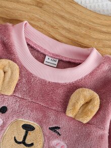 SHEIN Playful Pals 女嬰灰粉色珊瑚絨長褲長袖休閒可愛2件式居家服，可愛水豚表情圖案，秋季居家親子套裝 - 藕粉色 - 查看 5