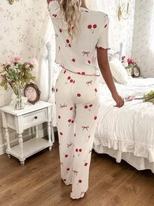 SHEIN 女士睡衣套装，罗纹面料，蝴蝶结装饰，可爱樱桃印花短袖上衣和长裤。 - 白色 - 查看 3