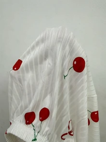 SHEIN 女士睡衣套装，罗纹面料，蝴蝶结装饰，可爱樱桃印花短袖上衣和长裤。 - 白色 - 查看 9