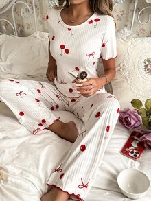 SHEIN 女士睡衣套装，罗纹面料，蝴蝶结装饰，可爱樱桃印花短袖上衣和长裤。 - 白色 - 查看 8