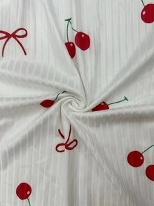 SHEIN 女士睡衣套装，罗纹面料，蝴蝶结装饰，可爱樱桃印花短袖上衣和长裤。 - 白色 - 查看 10
