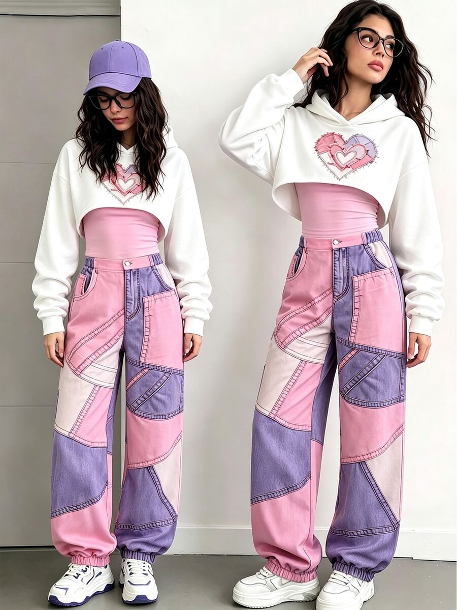 Teen Girls Fall Outfits Tops 3 Pieces Set, Heart Patchwork Cropped Hoodie Sweatshirt, Pink Camisole Top, Streetwear Y2k Birthday Purple Holiday Formal - Pink - View 1