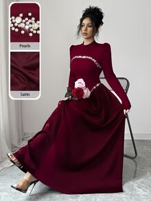 Modelyn Elegant Long Wine Red Beaded Dress For Women, Winter - Burgundy - View 6