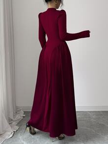 Modelyn Elegant Long Wine Red Beaded Dress For Women, Winter - Burgundy - View 2