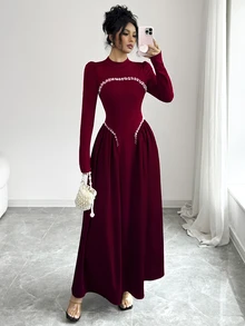 Modelyn Elegant Long Wine Red Beaded Dress For Women, Winter - Burgundy - View 4