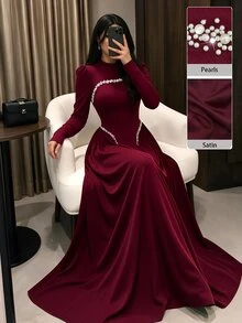 Modelyn Elegant Long Wine Red Beaded Dress For Women, Winter - Burgundy - View 1