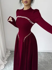 Modelyn Elegant Long Wine Red Beaded Dress For Women, Winter - Burgundy - View 7