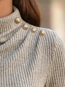 SHEIN 女款優雅休閒秋冬法式時髦燕麥色直條紋羅紋T恤 扭轉小高領裝飾鈕扣修身疊穿上衣 適合辦公室與早午餐 - 杏色 - 查看 8