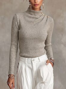 SHEIN 女款優雅休閒秋冬法式時髦燕麥色直條紋羅紋T恤 扭轉小高領裝飾鈕扣修身疊穿上衣 適合辦公室與早午餐 - 杏色 - 查看 6
