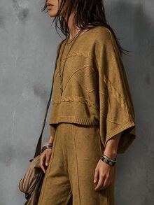 SHEIN LUNE Autumn/Winter New Elegant Casual Mustard Yellow Twisted Rope Texture Shoulder Batwing Sleeve Short Top Straight Leg Long Pants Daily Commute Women's Fashion Knit Pullover Sweater Two Pieces Set - Yellow - View 9