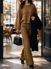 SHEIN LUNE Autumn/Winter New Elegant Casual Mustard Yellow Twisted Rope Texture Shoulder Batwing Sleeve Short Top Straight Leg Long Pants Daily Commute Women's Fashion Knit Pullover Sweater Two Pieces Set - Yellow - View 1