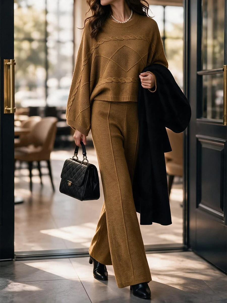 SHEIN LUNE Autumn/Winter New Elegant Casual Mustard Yellow Twisted Rope Texture Shoulder Batwing Sleeve Short Top Straight Leg Long Pants Daily Commute Women's Fashion Knit Pullover Sweater Two Pieces Set - Yellow - View 1